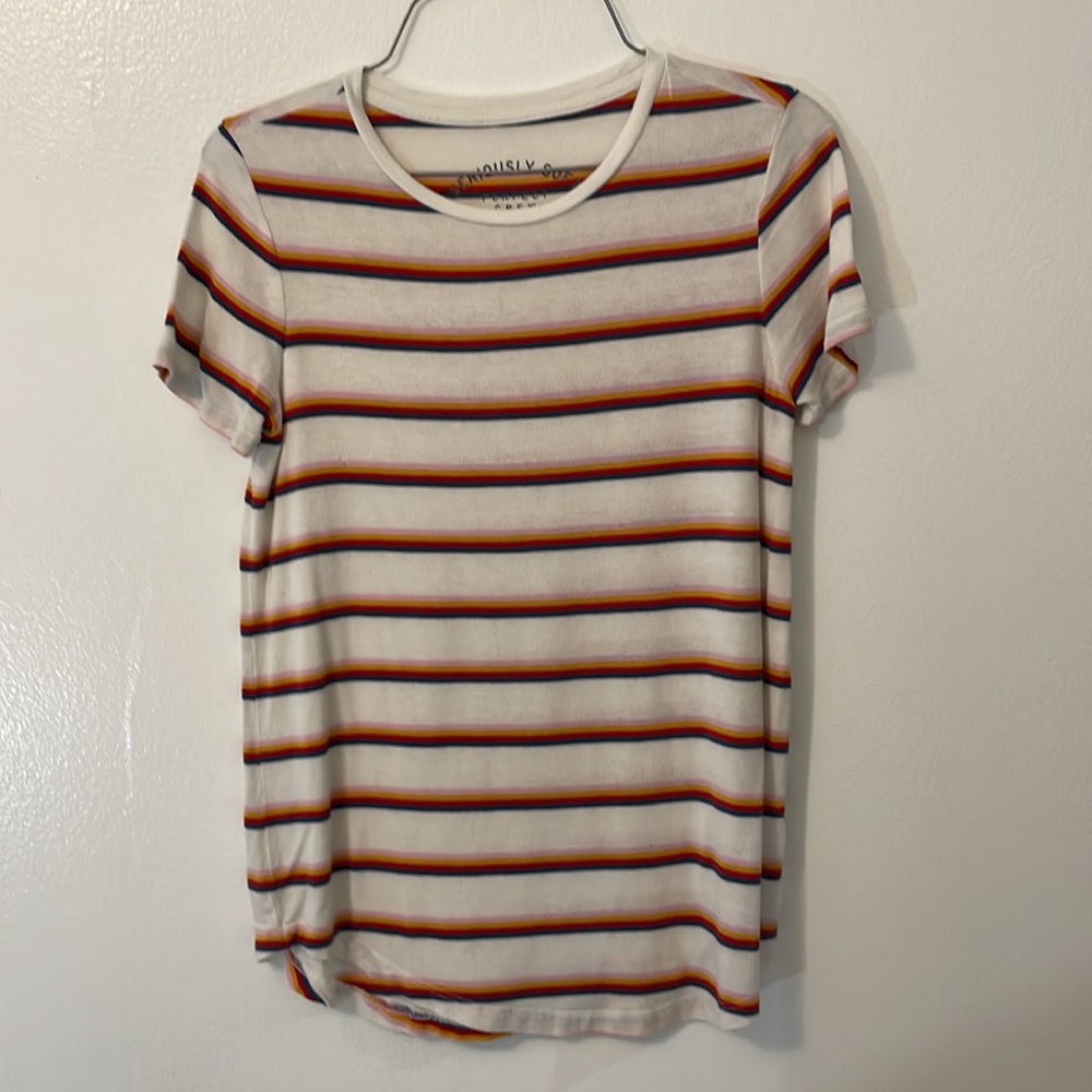 Seriously Soft perfect crew XS white multi colored stripes 95% rayon 5% spandex